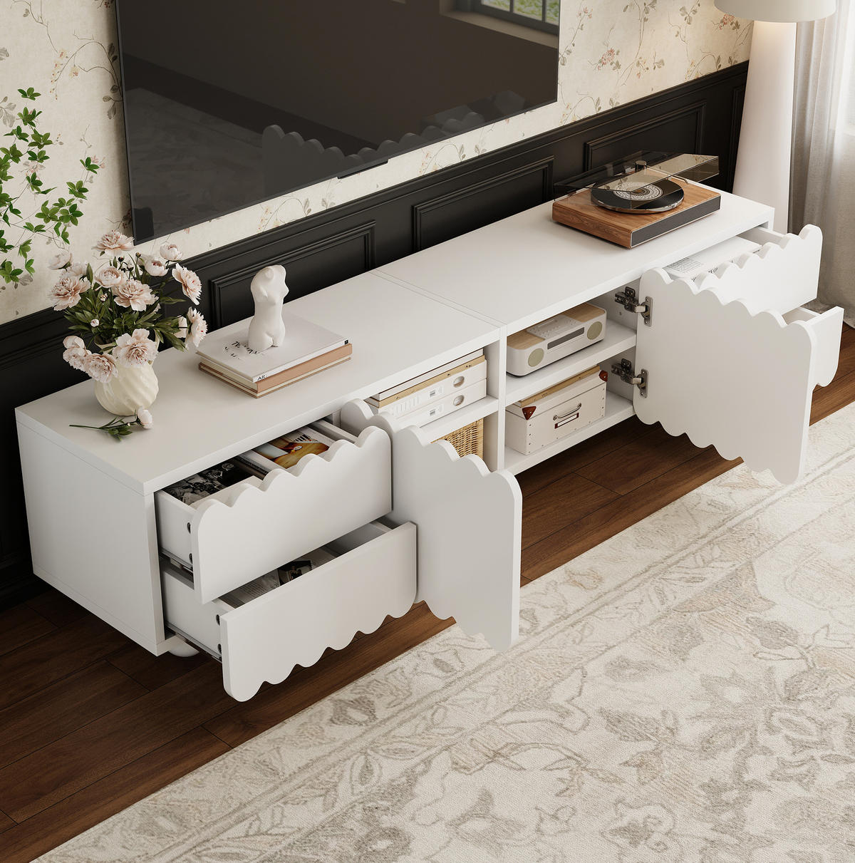 TV ormarić 175/38/37 cm bijeli od MDF-a i iverice s vratima i ladicama - bijela, drvni materijal (175/37/38cm) - OKWISH