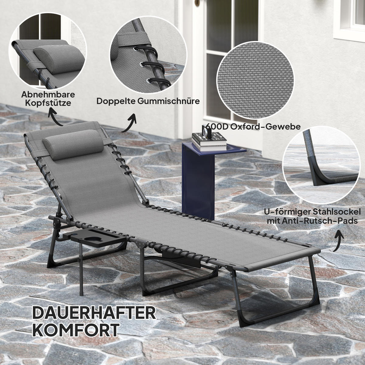 SONNENLIEGE klappbar Gartenliege mit Kopfkissen, 5-Fach verstellbare Rückenlehne - Grau, Textil/Metall (60/31/190cm) - Outsunny