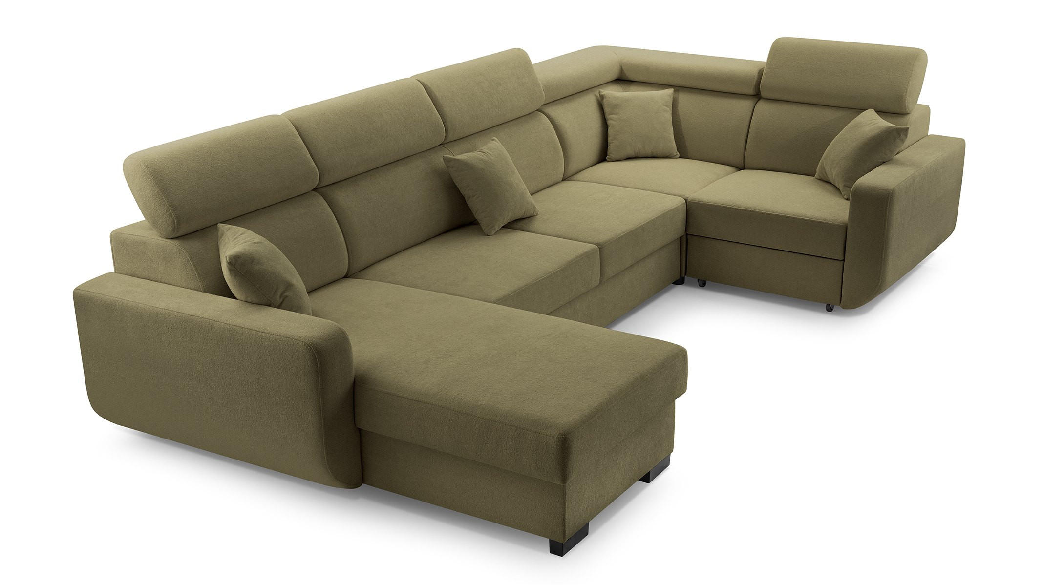 WOHNLANDSCHAFT CASTELLO Grün Plüsch-Stoff mit Schlaffunktion - Grün, Holz (337/97/184cm) - MASSENO