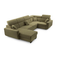 WOHNLANDSCHAFT CASTELLO Grün Plüsch-Stoff mit Schlaffunktion - Grün, Holz (337/97/184cm) - MASSENO