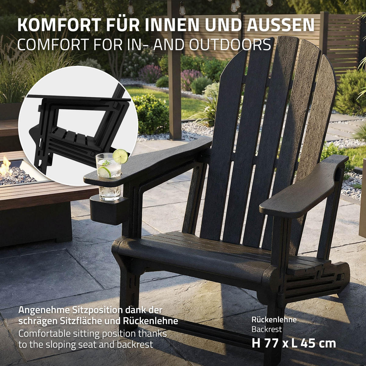ADIRONDACK LEŽÁK s držákem na nápoje, černý, z plastu - černá, plast (54.5/91/76cm) - ML-DESIGN