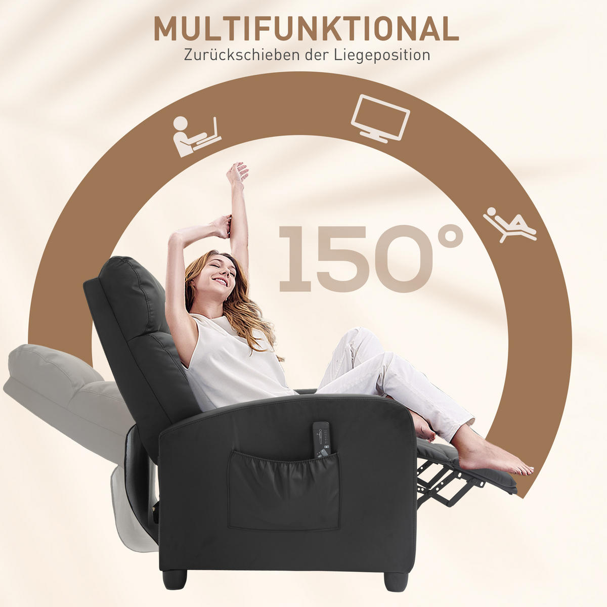 MASSAGESESSEL mit Liegefunktion, Relaxsessel mit Massagefunktion, Fernsehsessel - Schwarz, Leder/Kunststoff (88/98/68cm) - HOMCOM