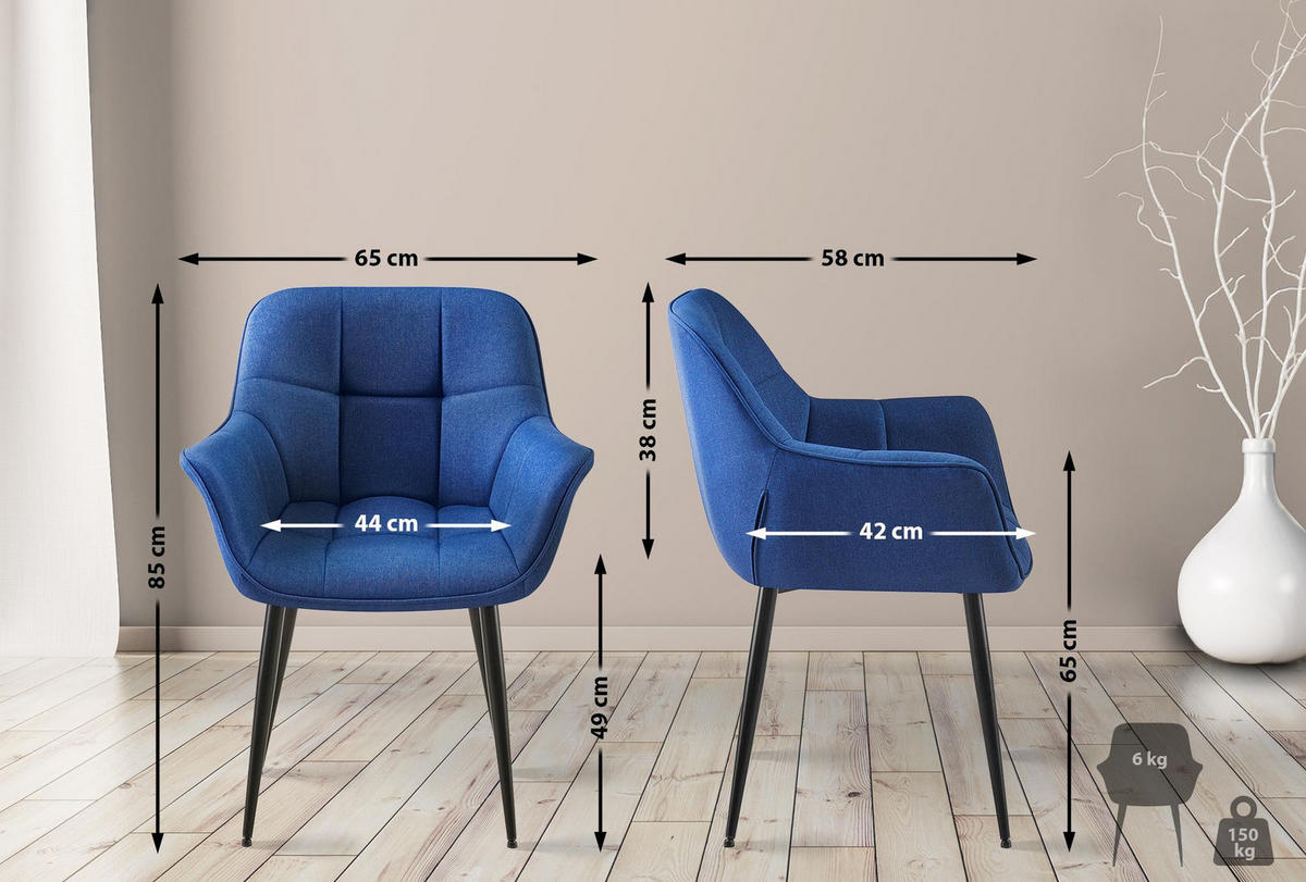 ARMLEHNENSTUHL Stoff blau - Blau/Schwarz, Textil/Metall (65/85/58cm) - CLP