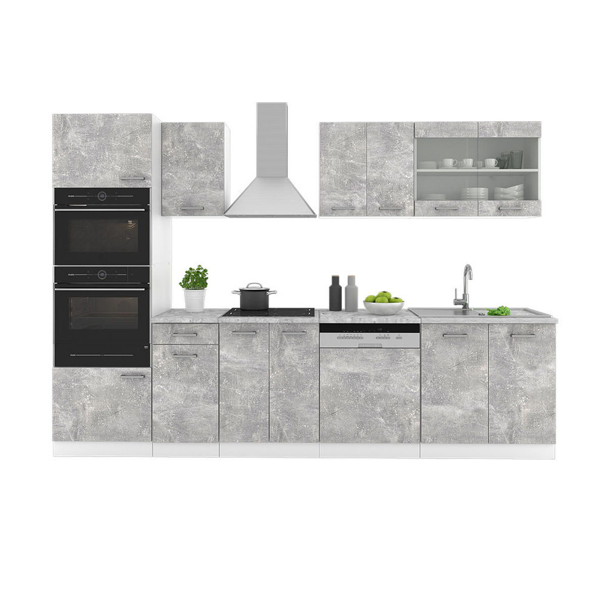 KÜCHENZEILE R-Line Beton/Weiß 300 cm mit Hochschrank, AP Eiche - Schieferfarben/Weiß, Holzwerkstoff (300/81.6/60cm) - Vicco