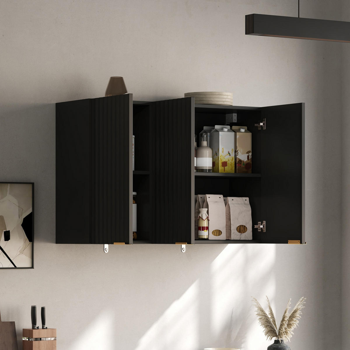 HÄNGESCHRANK DE-38748 90/29/60 cm 3 Türen und Wellenstruktur Schwarz - Schwarz, Holzwerkstoff (90/60/29cm) - ComfortXL