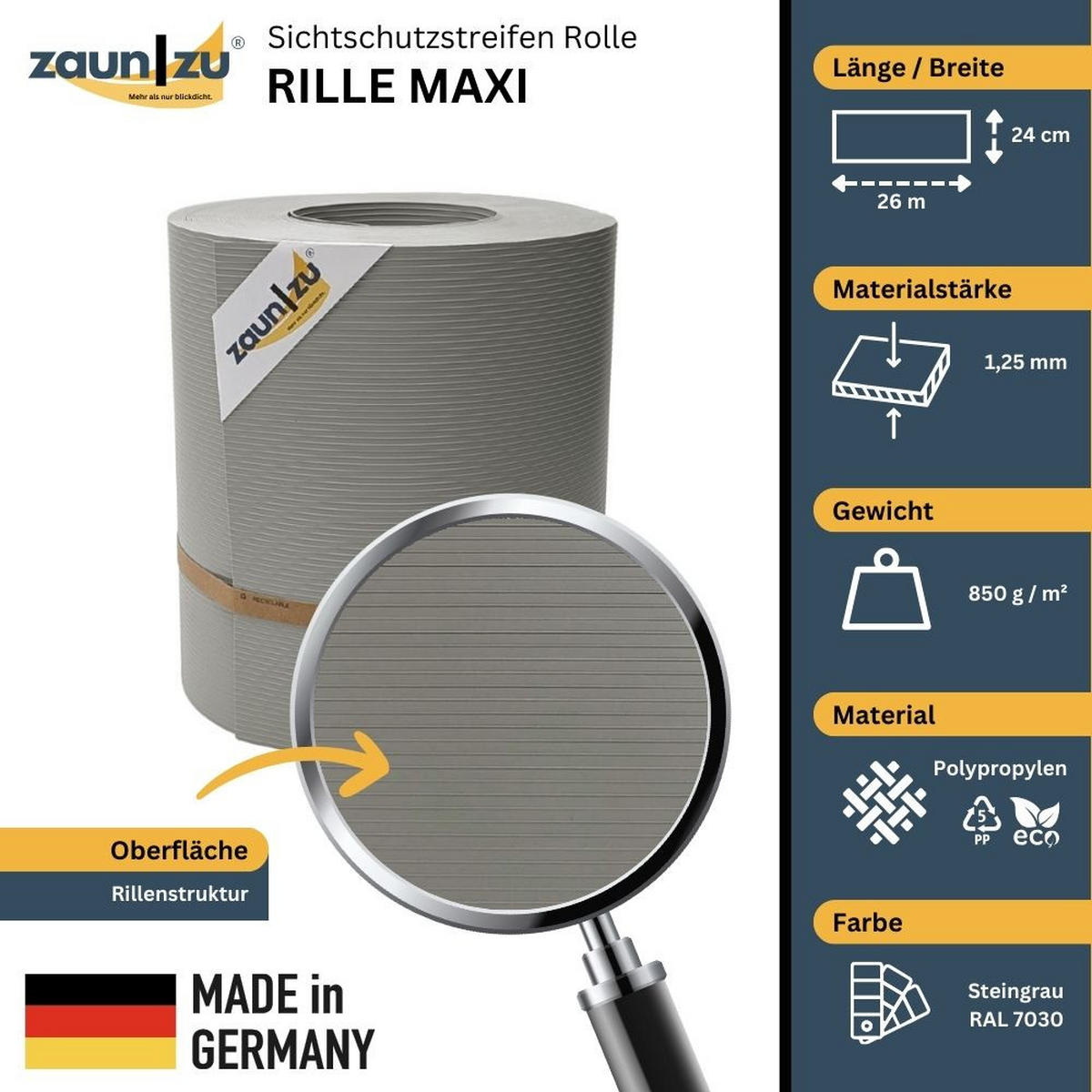 SICHTSCHUTZSTREIFEN Rille Maxi Rolle für Doppelstabmatten 24cm hoch Steingrau 26m - Graubraun, Kunststoff (2600/24cm) - ZAUN|ZU