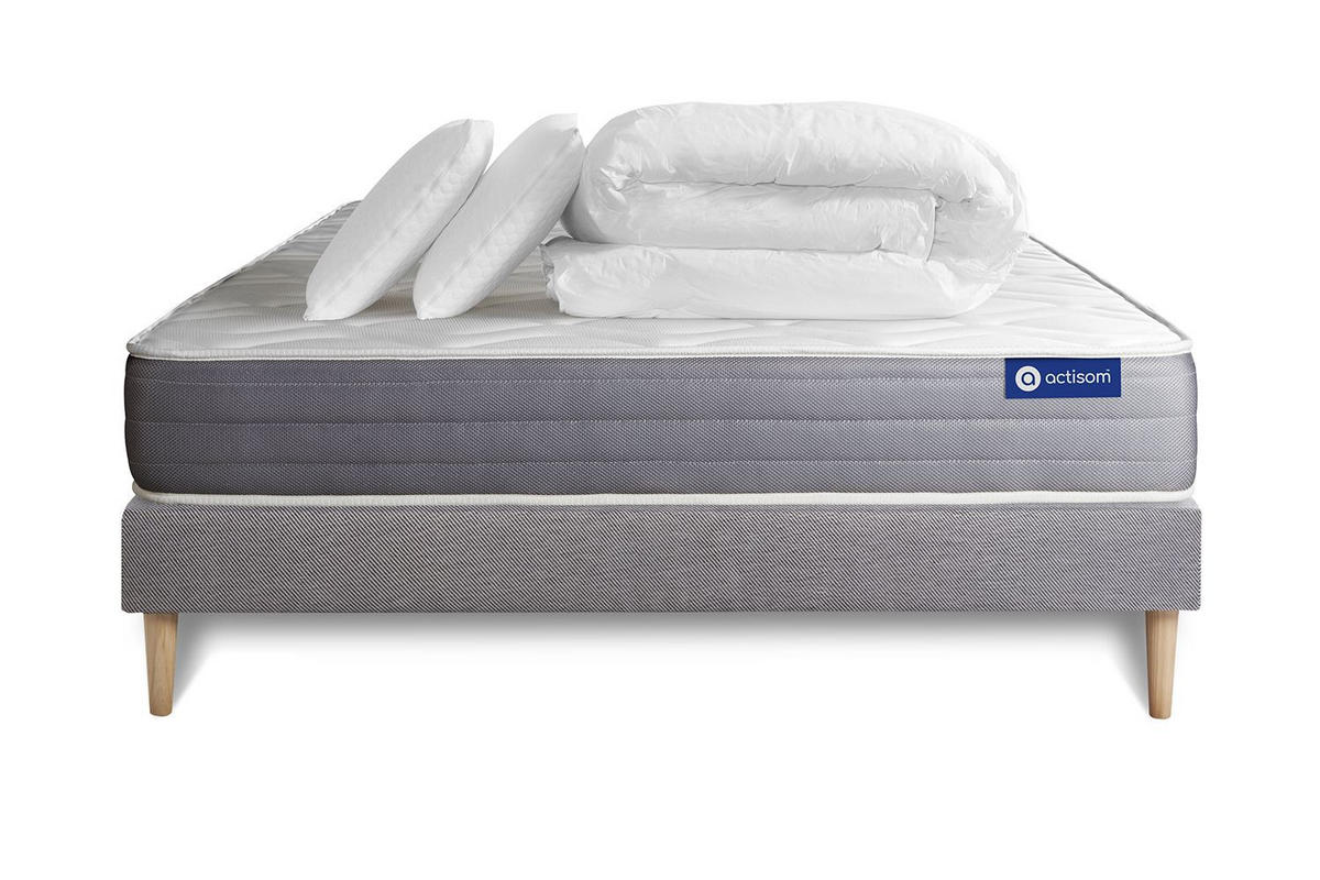 BETT Actiflex dream Taschenfederkern und Memory-Schaum 140 x 200 cm h1 - Kit Bettgestell Grau - Mit Kissen und Bettdecke - Beige/Grau, Holz/Textil (140/200cm) - ACTISOM