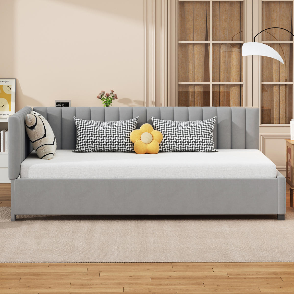 ČALÚNENÁ posteľ z velúru 90x200 cm sivá s lamelovým roštom, mäkkým čelom a multifunkčným dizajnom - sivá, koža (90/200cm) - Modfu