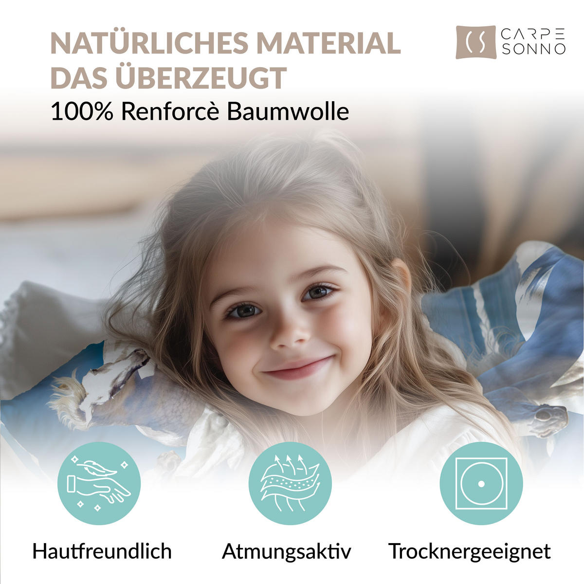 KINDERBETTWÄSCHE 135x200 cm Pferde Tiere aus 100% Baumwolle - Leuchtet um Dunkeln - Blau, Textil (135/200cm) - Carpe Sonno
