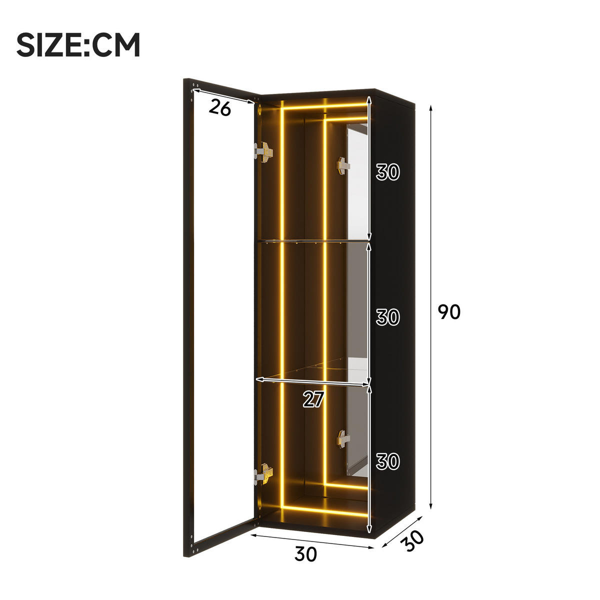 VITRINE in Schwarz Aufbewahrungsschrank mit verstellbare Einlegeböden, Scharniere mit Soft-Close-Funktion, 30/30/90 - Transparent/Naturfarben, Glas/Holzwerkstoff (30/90/30cm) - STILVORA