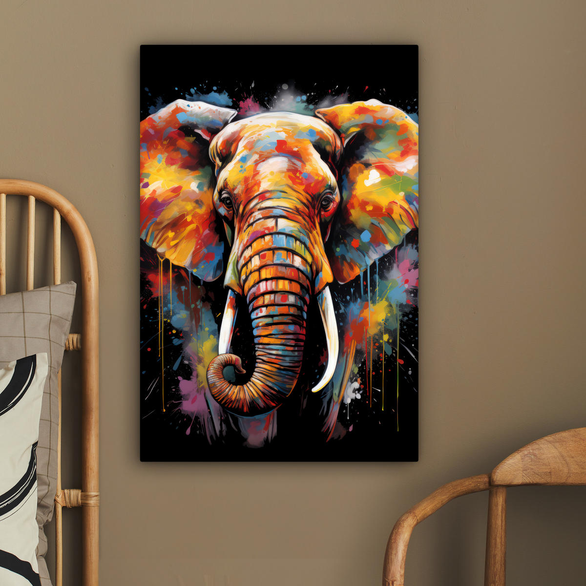 LEINWANDBILD Elefant - Graffiti - Schwarz - Tiere - Farben 60x90 cm - Schwarz, Textil (60/90cm) - MuchoWow