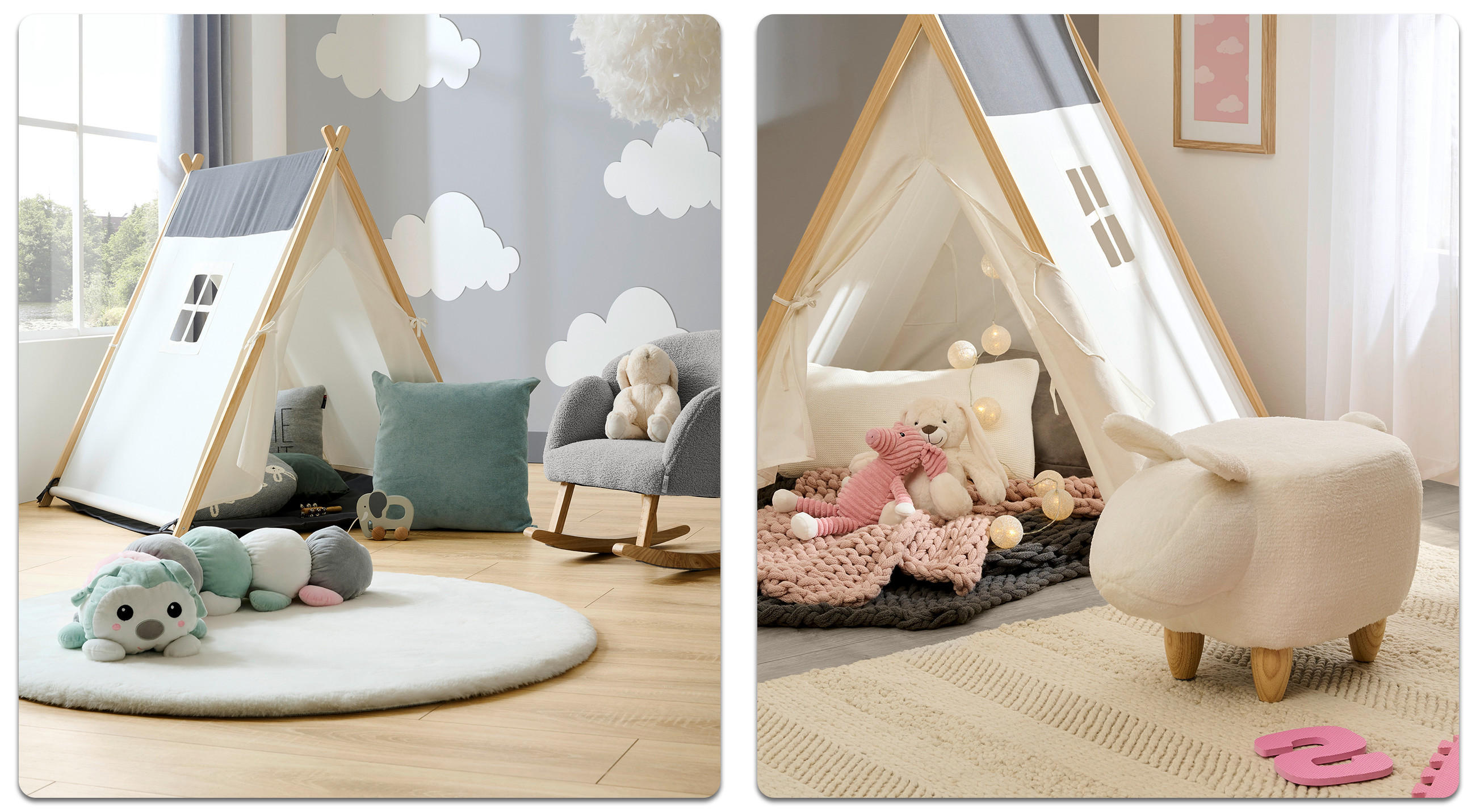 Spielzelte von MyBabyLou mit Spielware und Textilien in den Farben Babyblau und Kona.