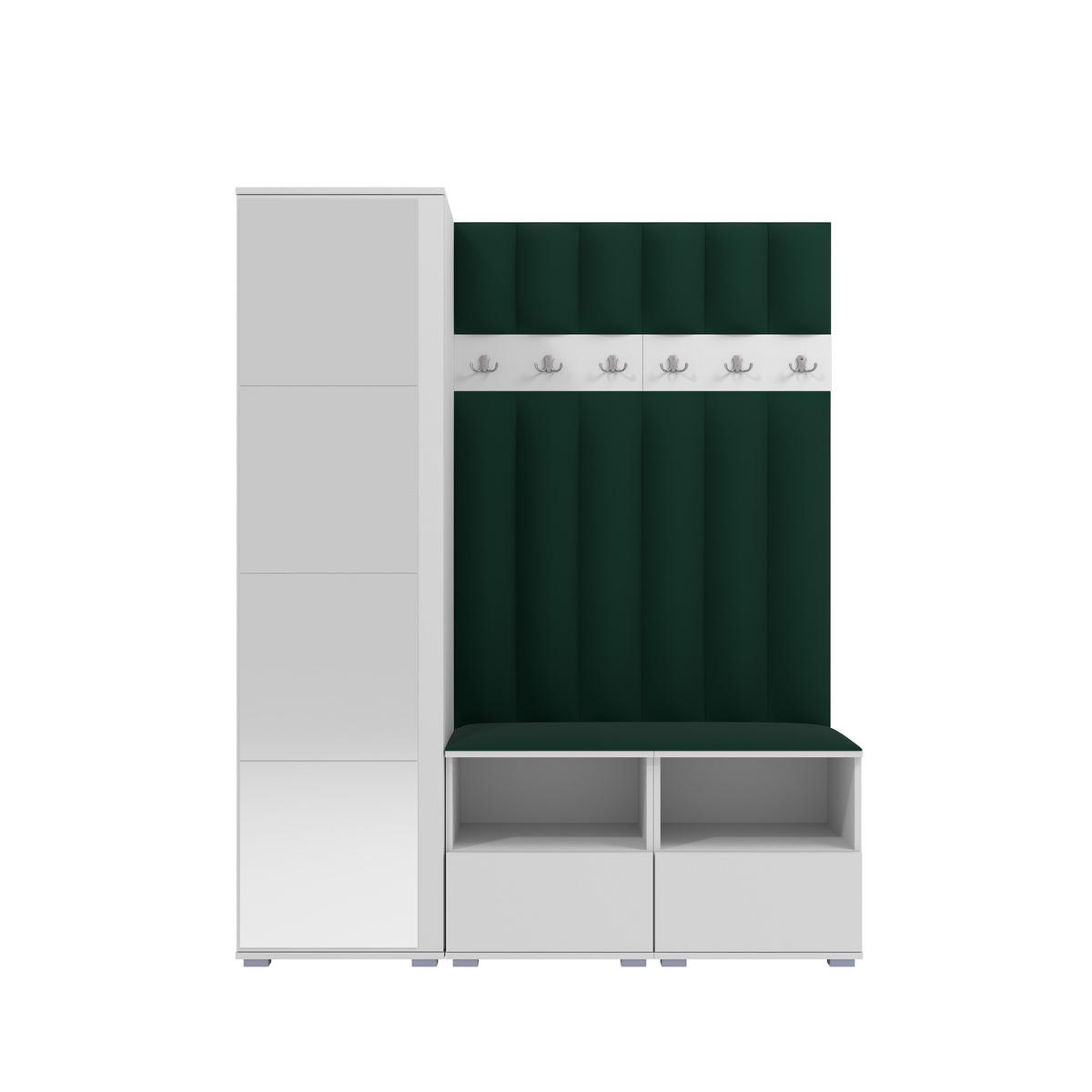 GEPOLSTERT Garderoben-Set Nela II LUX (Spiegel – Farbe Weiß + Stoff Trinity 28) - Dunkelgrün/Silberfarben, Holz/Holzwerkstoff (150/187/40cm) - Ravio