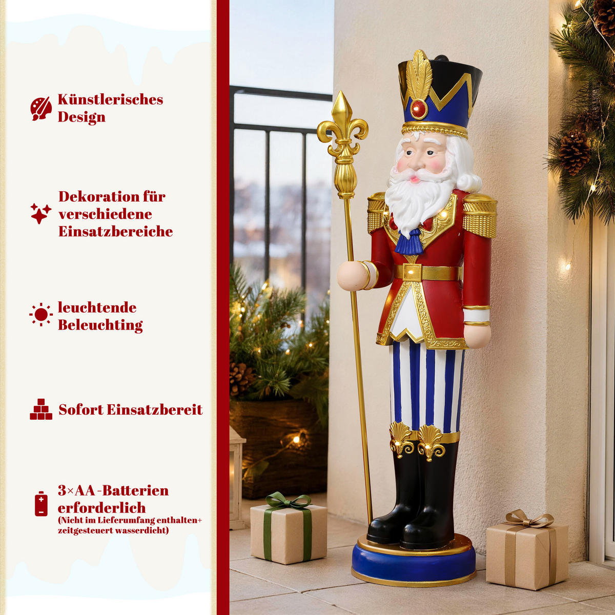 NUSSKNACKER Figur groß 91cm, Weihnachtsdeko mit LED, Timer, MgO - Dunkelrot, Naturmaterialien (28.5/91/28.5cm) - Hometopia