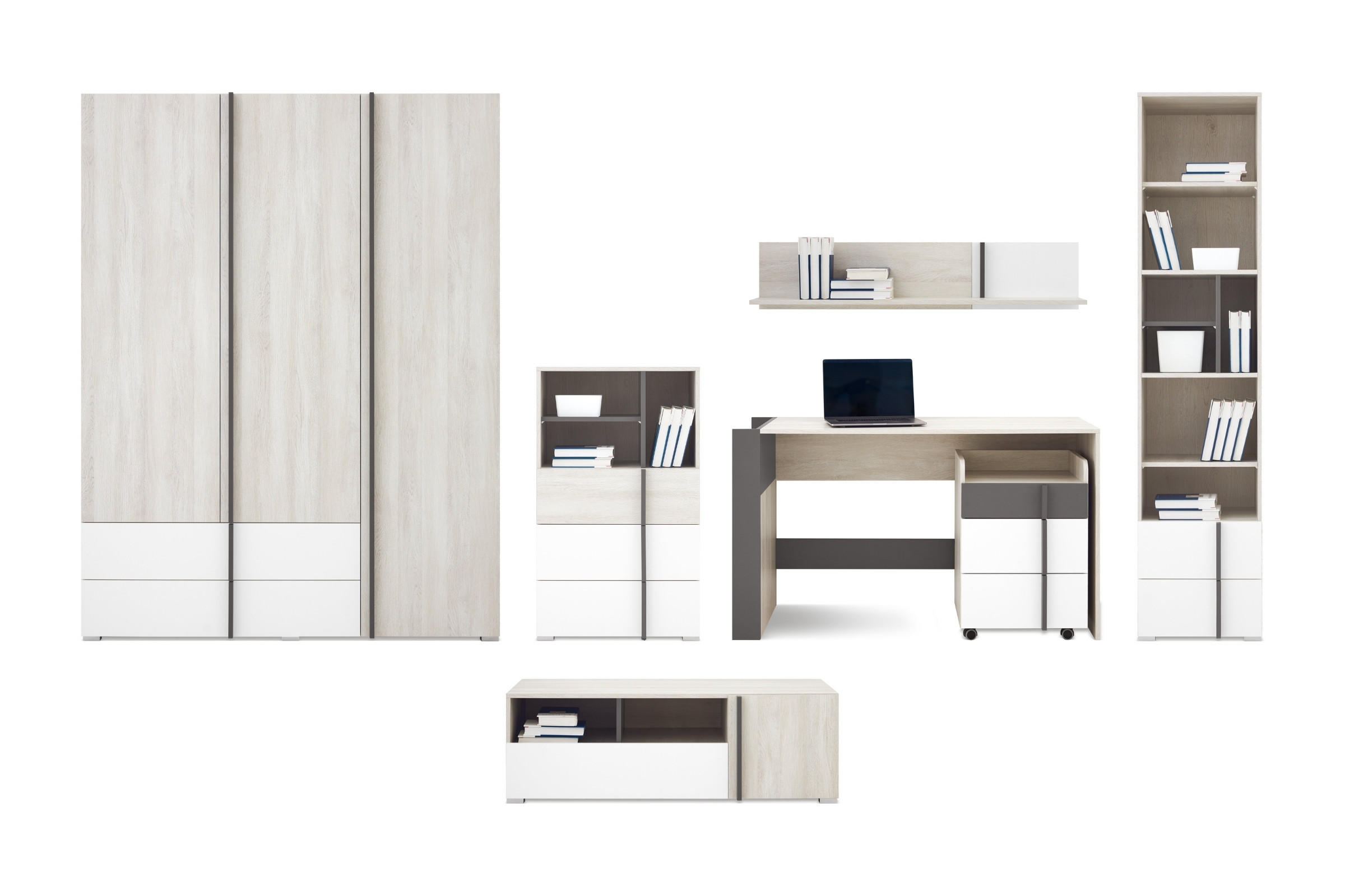 JUGENDZIMMER-SET REMI A 7-teilig in Eichenweiß / Weiß Matt / Anthrazit - Eichefarben/Anthrazit, Holzwerkstoff (505/195/55cm) - Deine Möbel 24