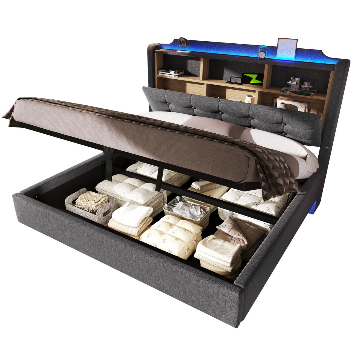 POLSTERBETT 140/200 cm in Grau Leinen mit Bettkasten, LED, USB und Type-C - Grau, Holzwerkstoff/Textil (140/200cm) - CHICFURN