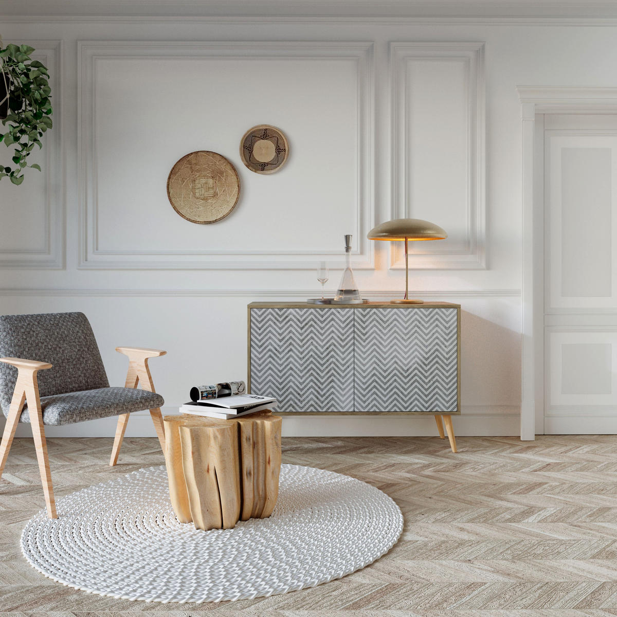 SIDEBOARD CONCRETE ZIG ZAG, Eicheneffekt, 111x42x77,5 cm, 2 Türen - Eichefarben/Buchefarben, Holzwerkstoff/Buchenholz (111/77.5/42cm) - SpaceRebels