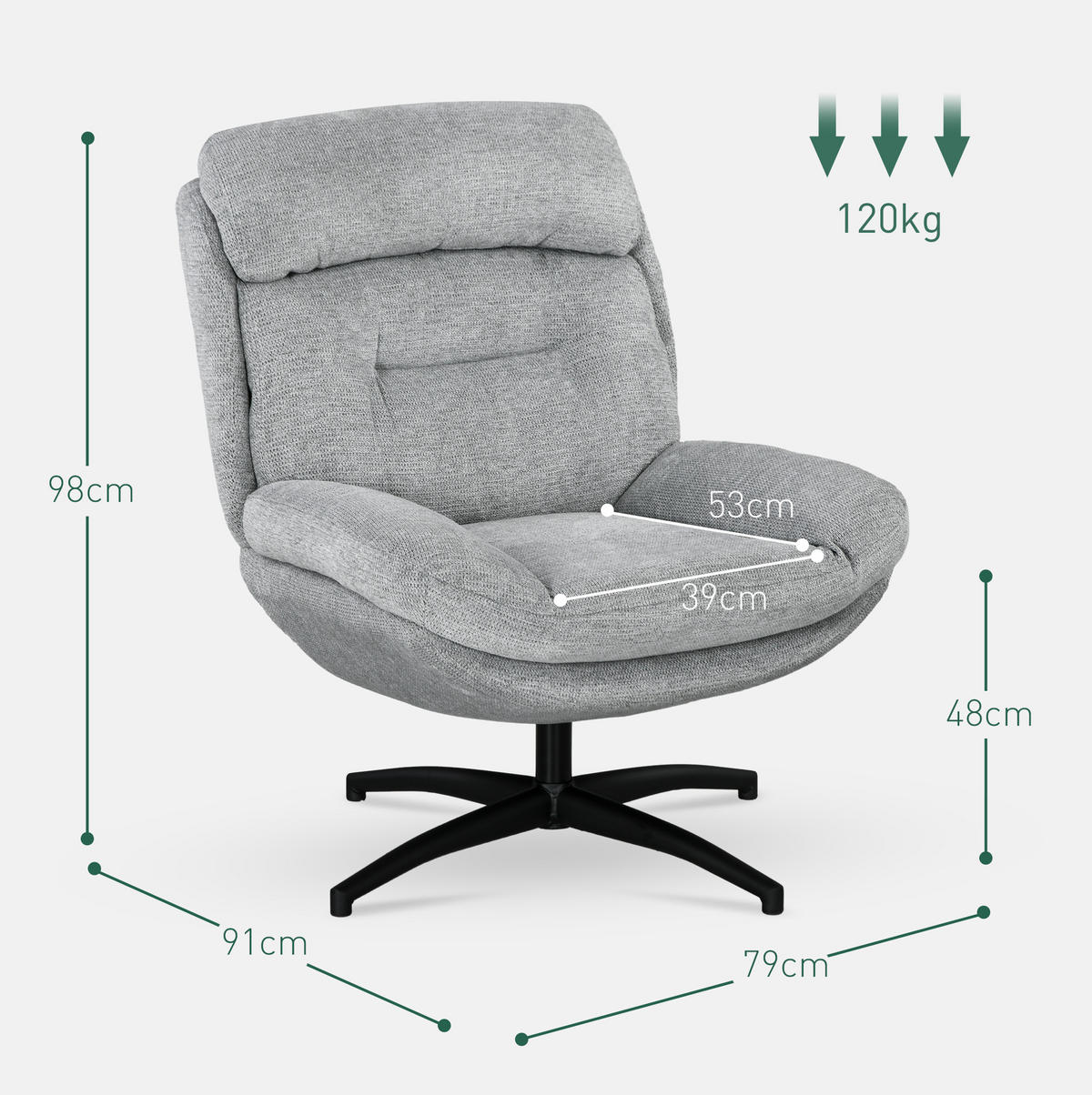 DREHSESSEL Chenille-Bezug mit integrierten Armlehnen 79/91/98 cm Grau - Grau, Textil (91/98/79cm) - Redom