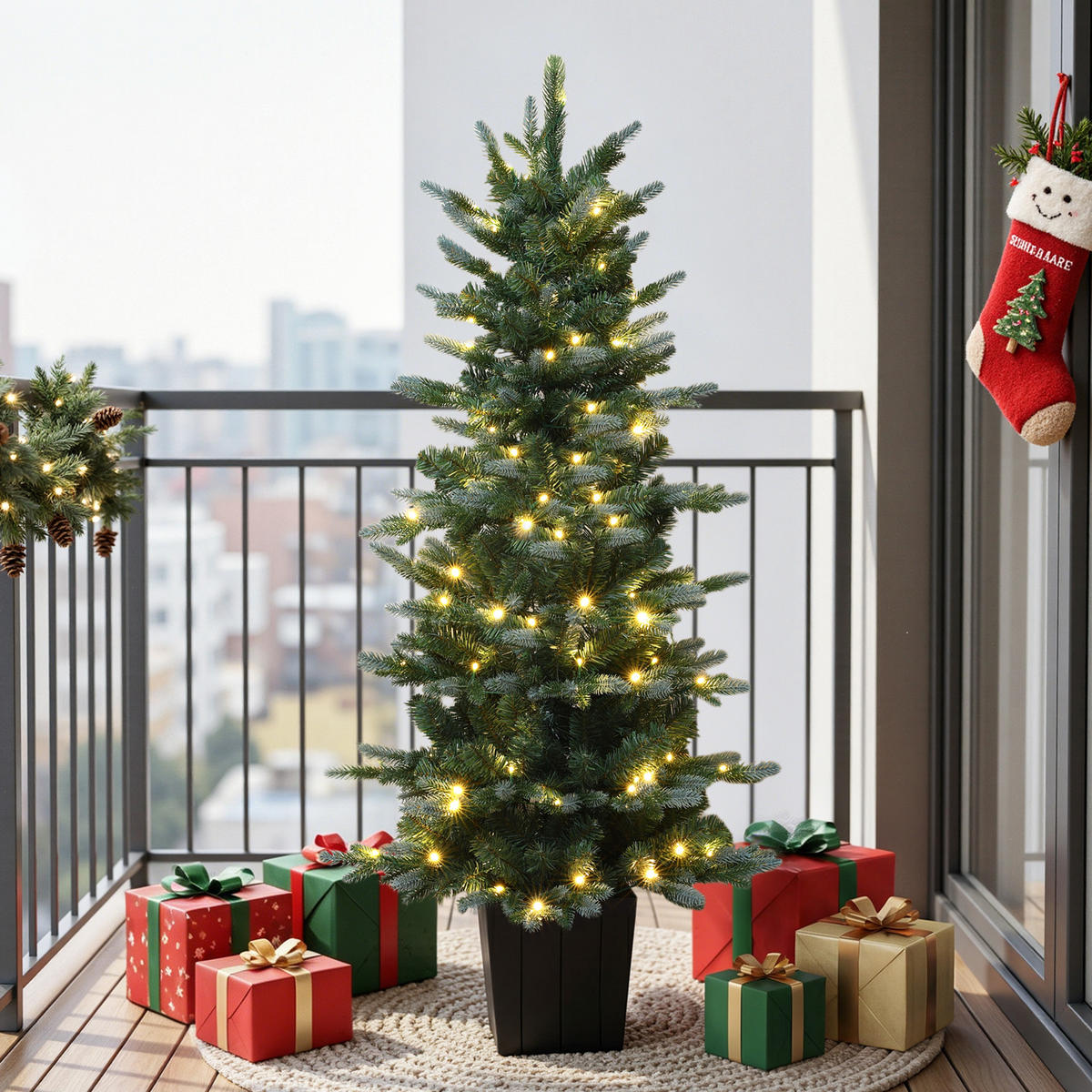 KÜNSTLICHER Weihnachtsbaum 140 cm mit Beleuchtung und Topf - Grün, Kunststoff (140cm) - Hometopia