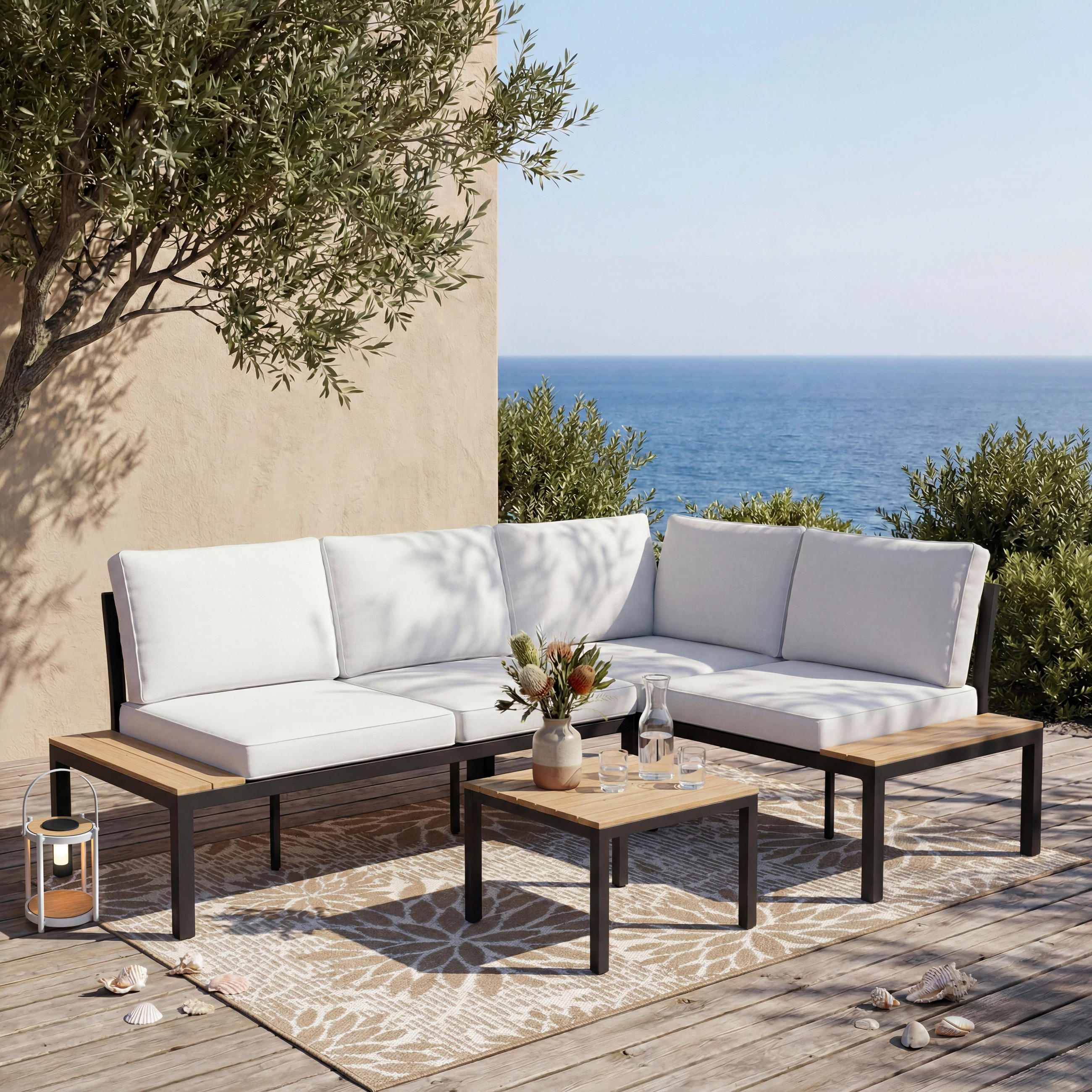 LOUNGEGARNITURSET Arianna Weiß Outdoorstoff/Metall +Abdeckung - Creme, Metall - Bessagi Garden