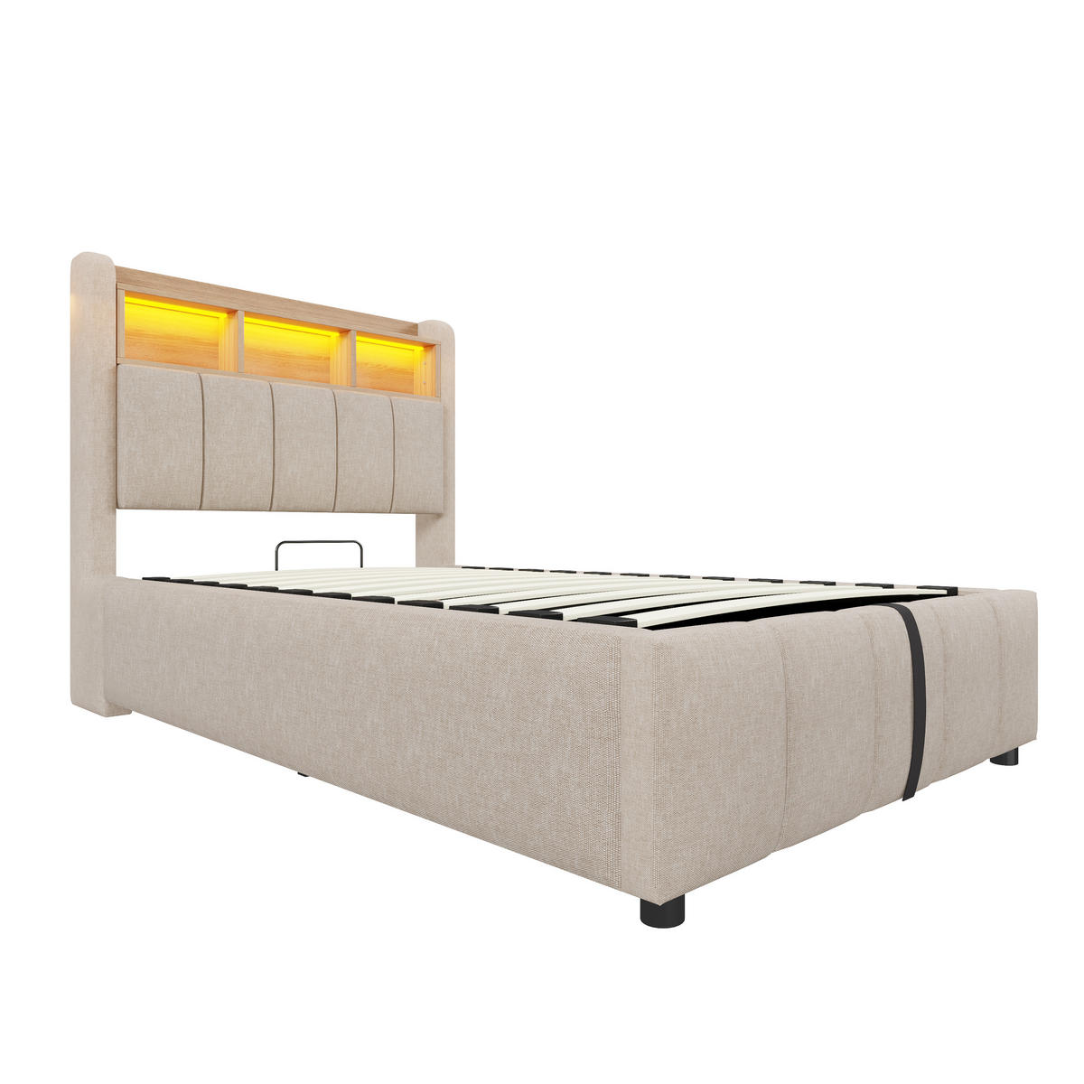 POLSTERBETT 90/200 cm in Beige Leinen mit Bettkasten, LED und USB/Type-C - Beige, Holzwerkstoff/Textil (90/200cm) - WISHDOR