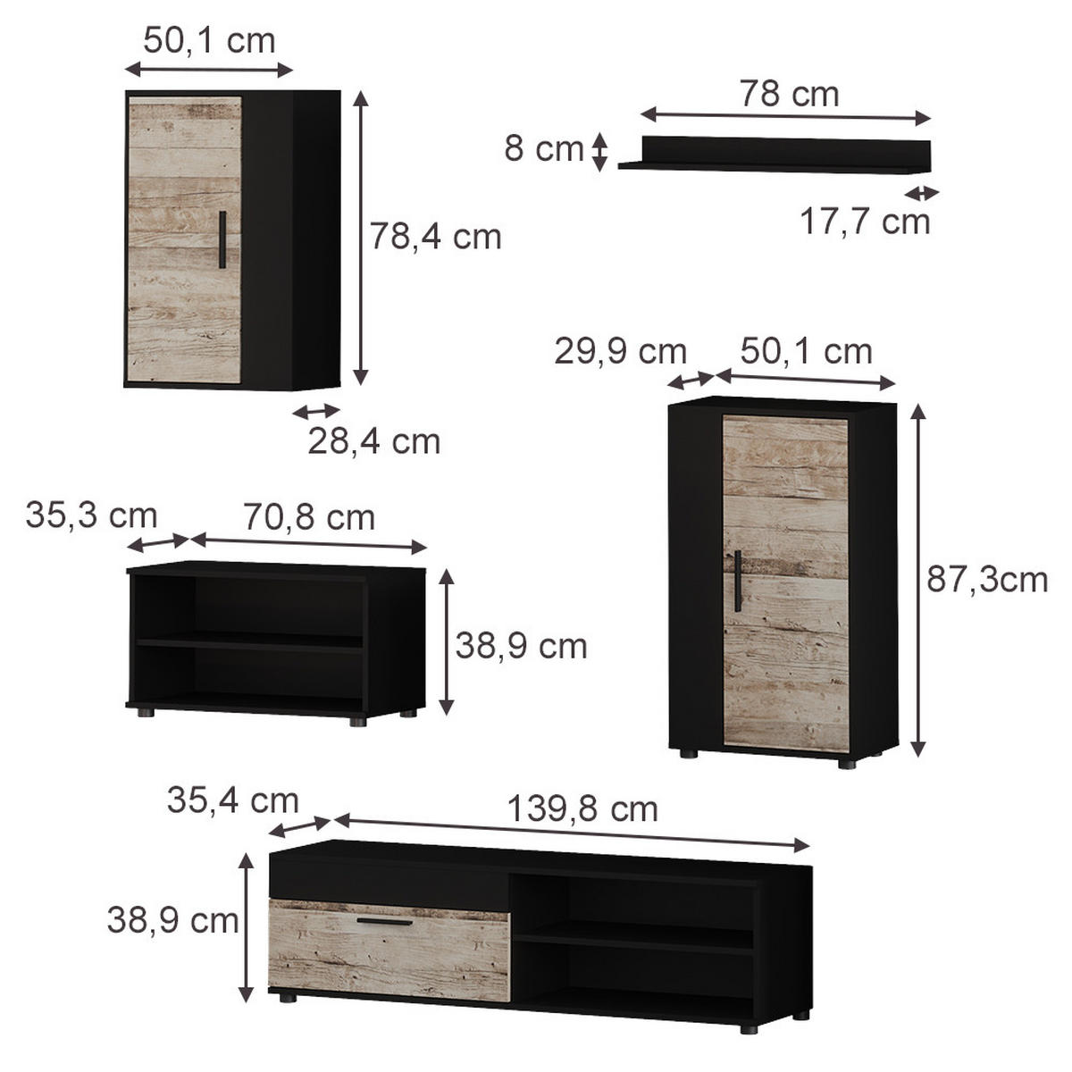 UNITATE DE PERETE Berno, Negru/stejar de nisip, Set de 5 piese - stejar Sonoma/negru, compozit lemnos (140/38.7/35.2cm) - Vicco