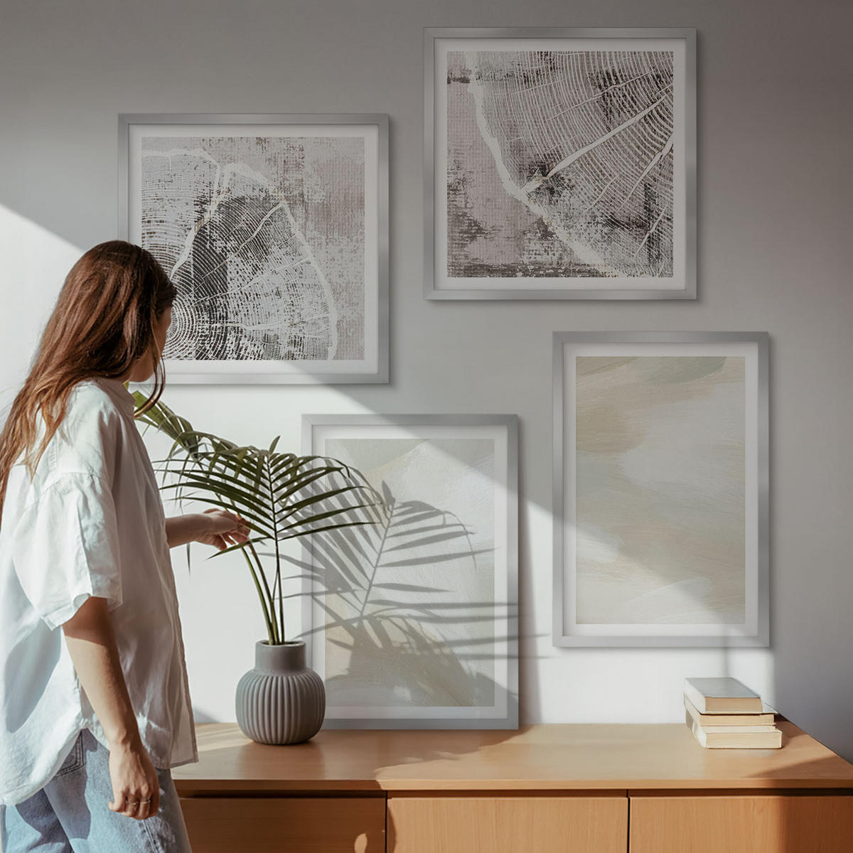 WANDBILDER 4er Set - 50x50 cm & 40x60 cm Silberner Rahmen - Minimalismus der Farbstruktur - Silberfarben, Kunststoff (50/50cm) - ArtPrintCave