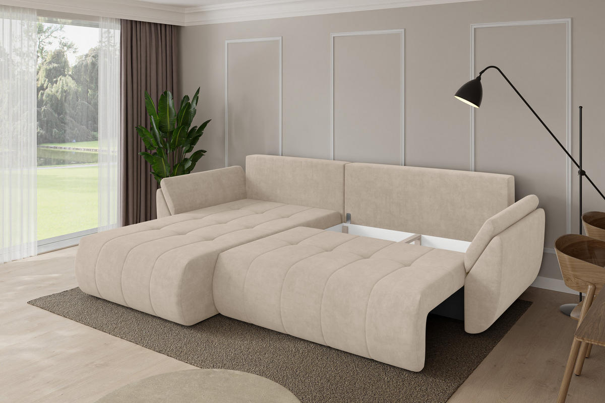 ROHOVÁ SEDAČKA s funkcí spaní, otoman vlevo TOKO-L 277x194x86 béžová velur - černá/Sahara, kompozitní dřevo/textil (277/194cm) - ALTDECOR