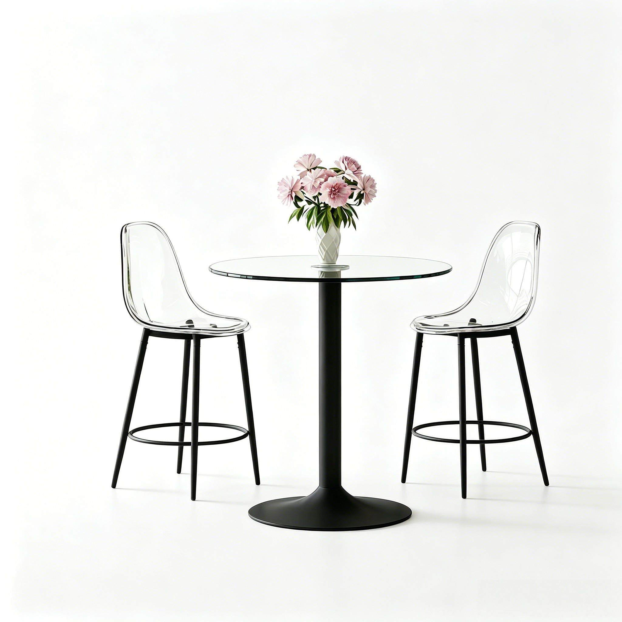 TISCHGRUPPE 3-tlg Glas 89 cm mit 2 Barhockern Metallgestell Schwarz - Transparent, Glas/Metall (80/11/94.5cm) - Raelunyi