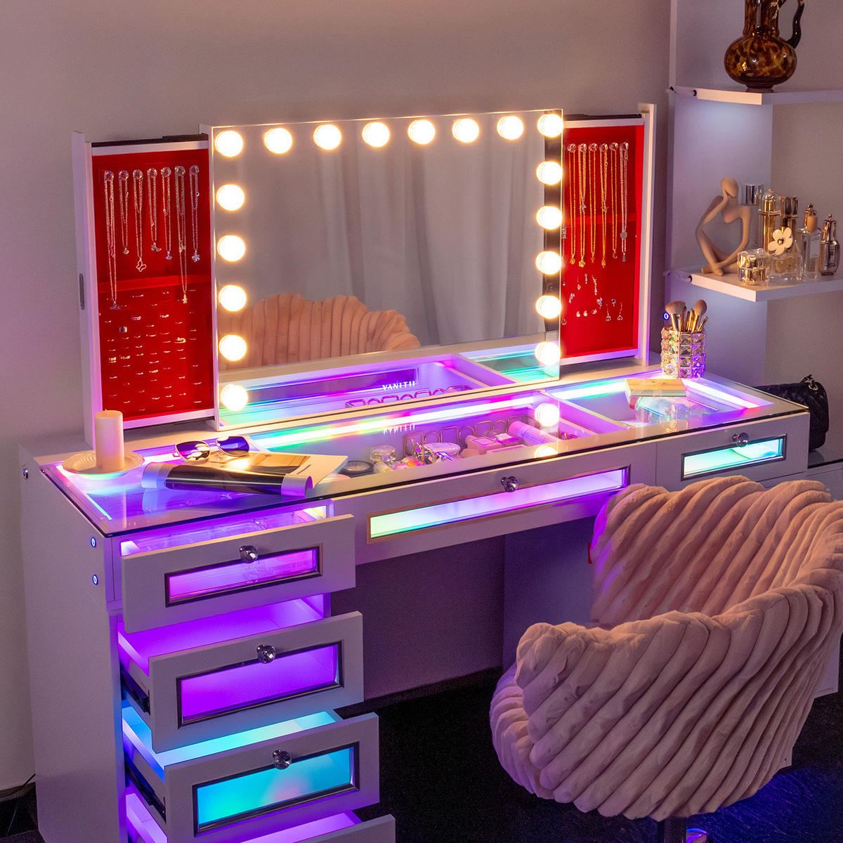 SCHMINKSPIEGEL mit LED-Beleuchtung und Bluetooth weiß 80/60 cm Extra große Glühbirne - Weiß, Metall (80/60/10cm) - VANITII