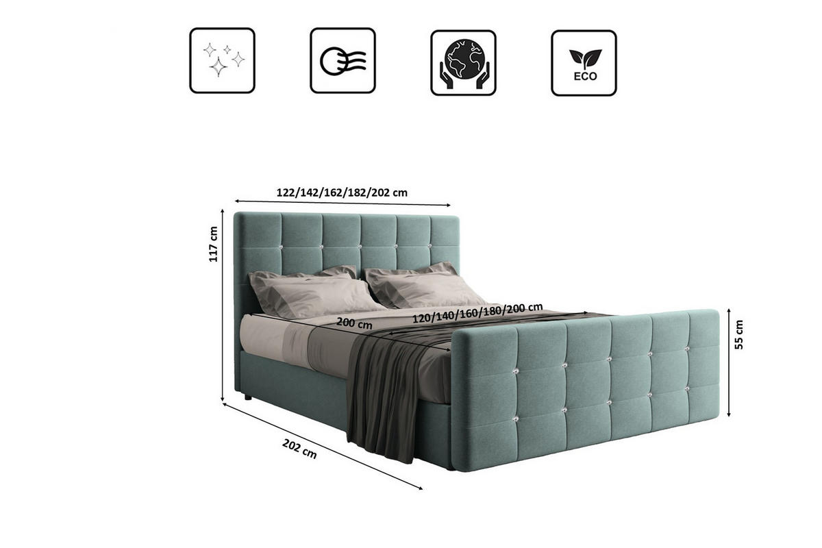BOXBETT Mit Bettkasten Und Matratze Topper ROMA 200x200 cm Mintz H3-Bonell - Dunkelblau/Mintgrün, Holz/Holzwerkstoff (200/200cm) - Kaiser Möbel