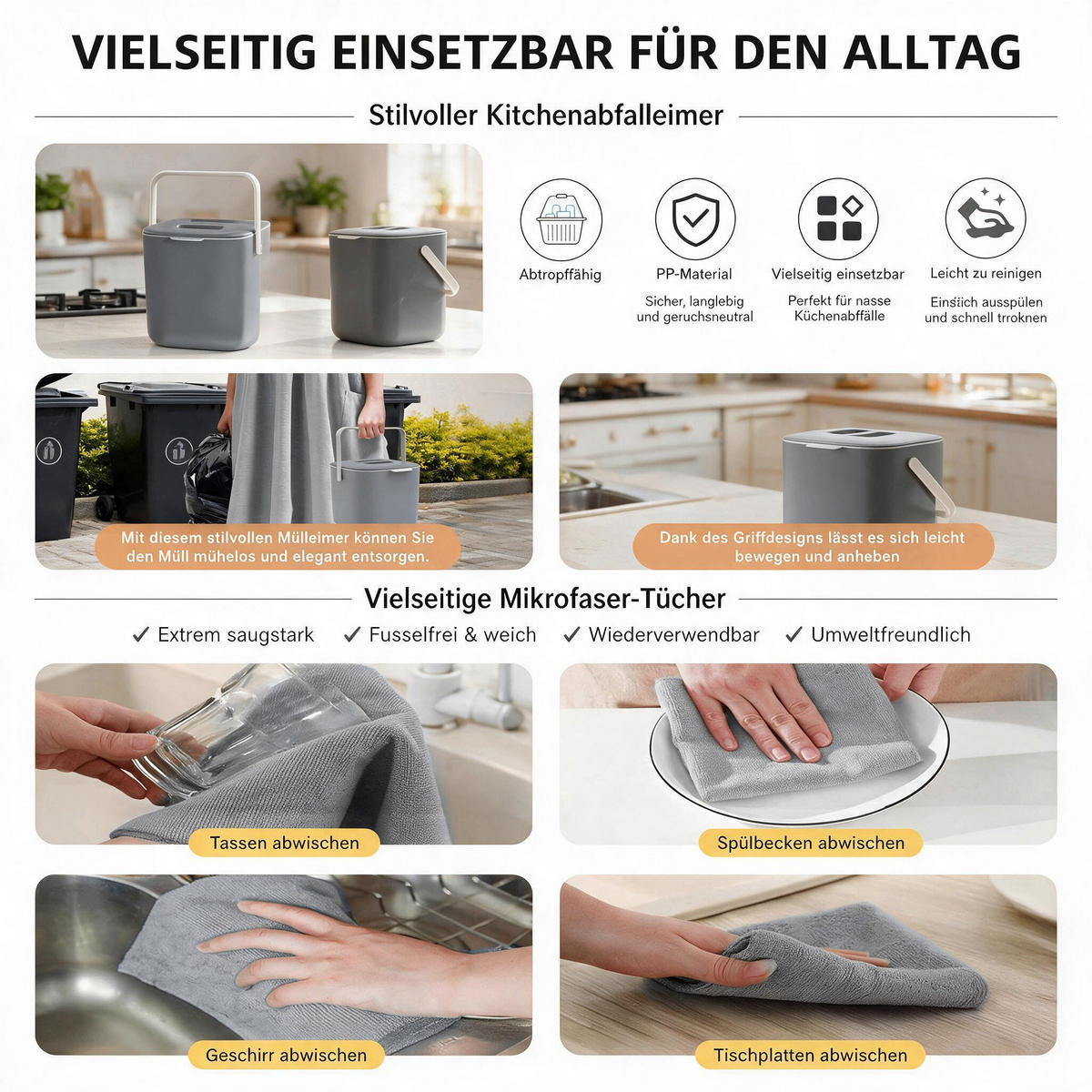 KÜCHENHELFER-SET, praktisches Küchen‑Zubehör‑Set mit Mülleimer, Seifenspender und Reinigungstüchern für die Küche im Haushalt - Schwarz, Kunststoff - Joyfair