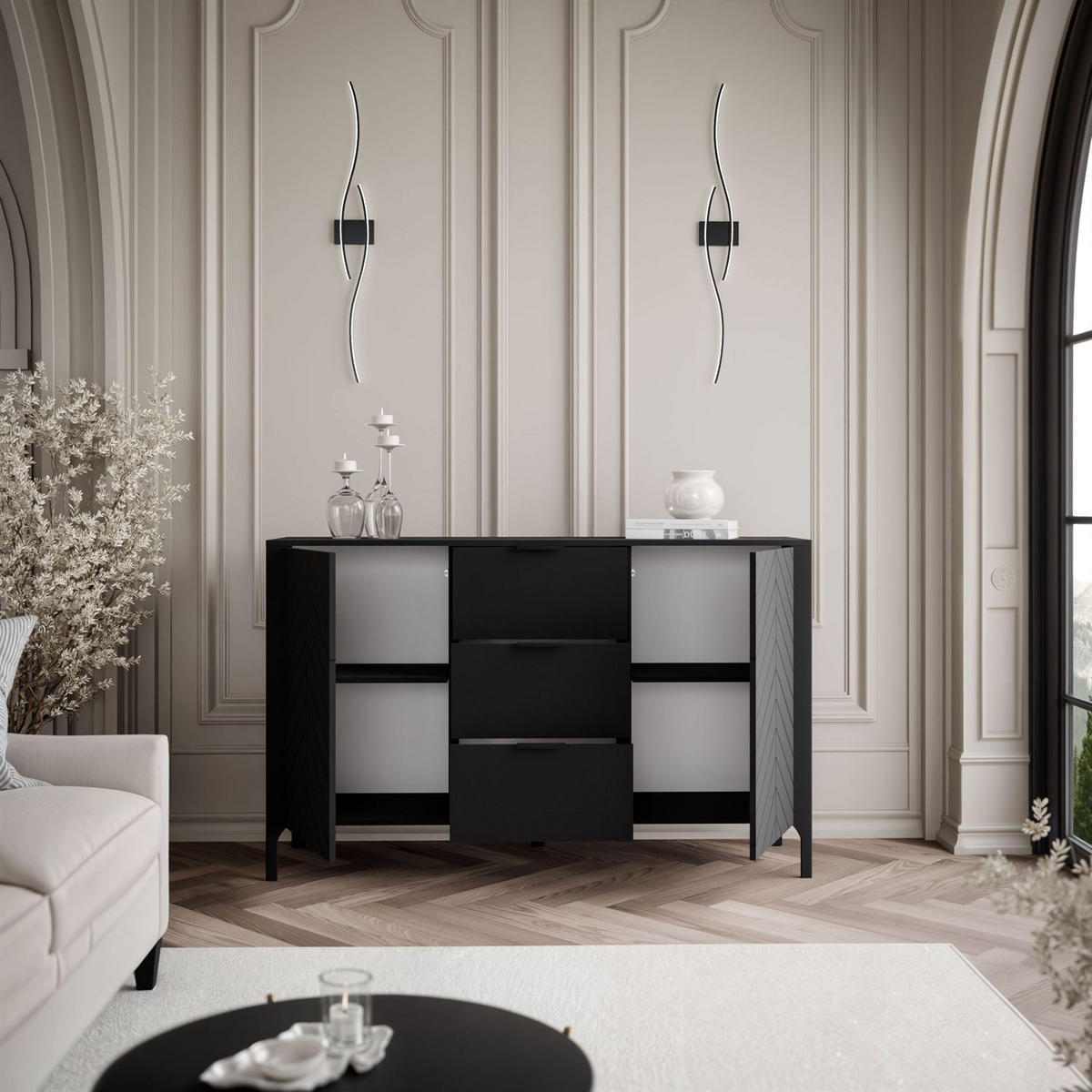 SIDEBOARD mit Schubladen LUMI, Schwarz - Schwarz, Holzwerkstoff (153/95/40cm) - Lookway