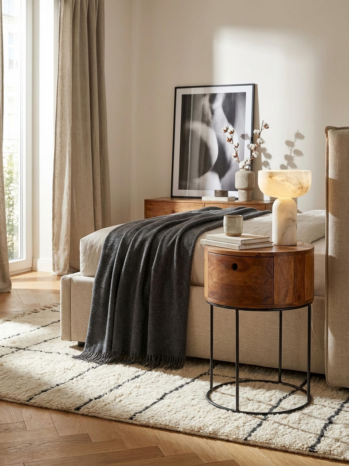 NACHTKONSOLE Massivholz mit Schublade rund Modern Braun - Schwarz/Braun, Holz/Metall (40/60/40cm) - KADIMA DESIGN