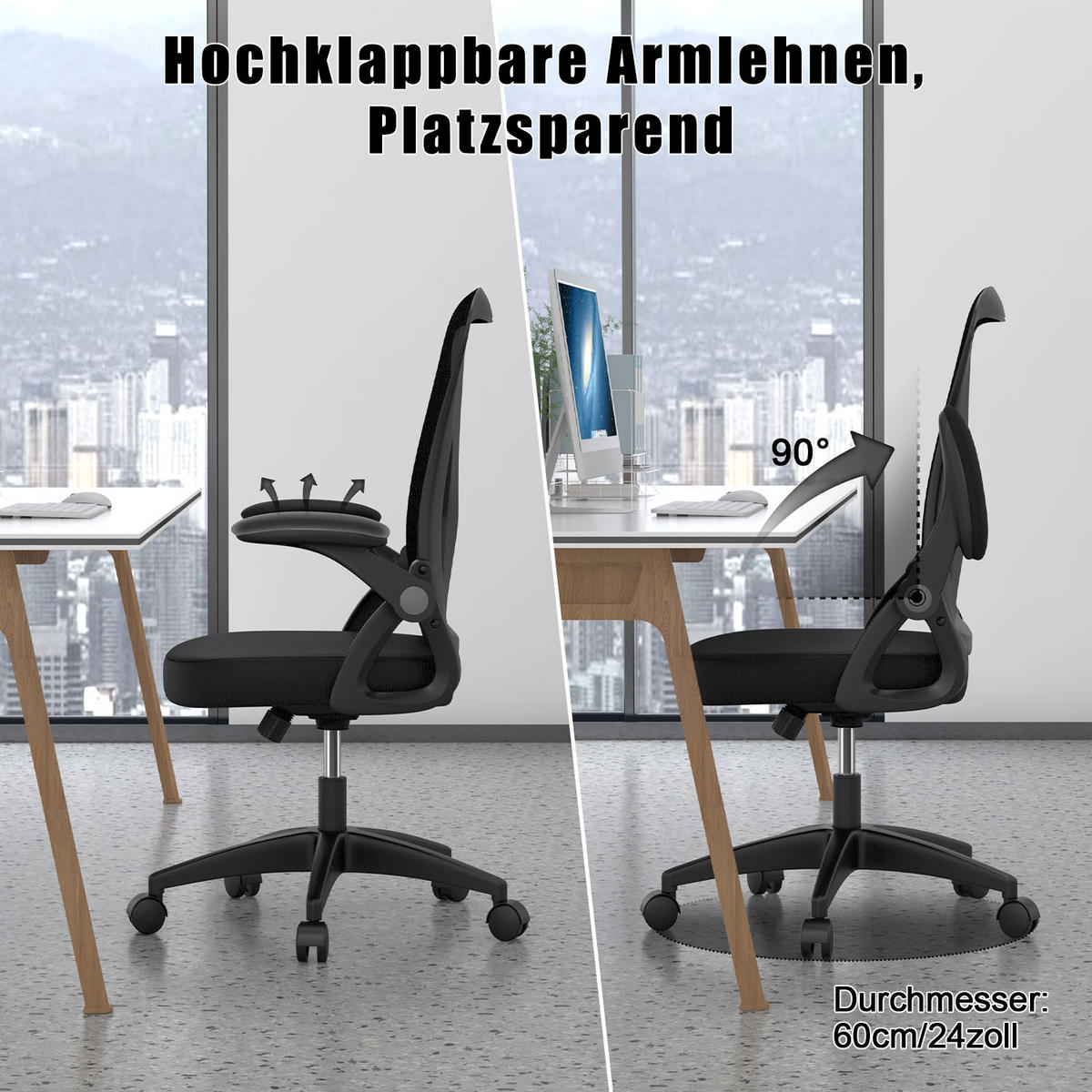 BÜRODREHSTUHL ergonomisch, mittelhohe Rückenlehne, klappbare Armlehnen – Schwarz - Schwarz, Metall (50/102/50cm) - Rattantree