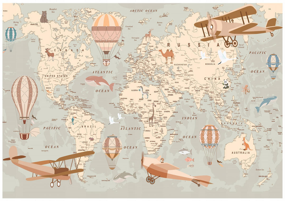 FOTOTAPETE Kinderzimmer Weltkarte Vliestapete Tapete 300x210 - Multicolor, Papier (300/210cm) - Wallarena