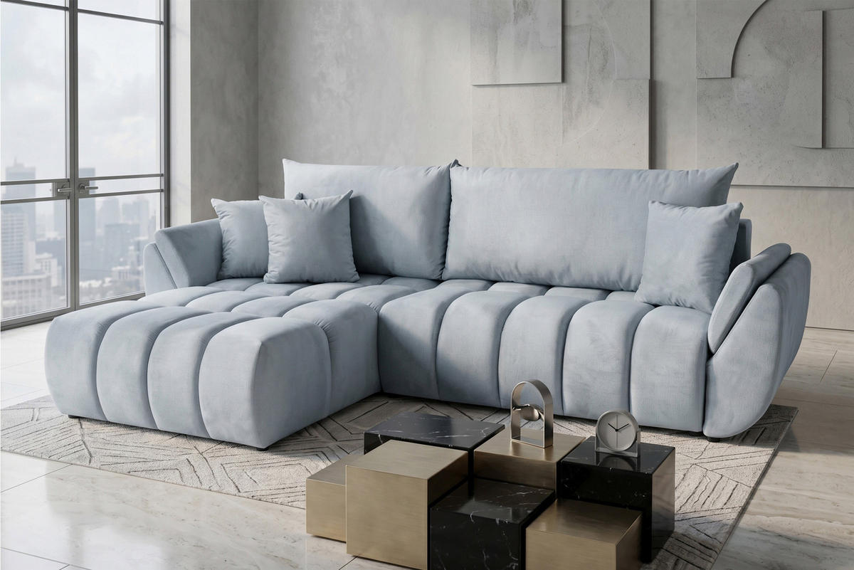 ECKSOFA Iris mit Schlaffunktion und Bettkasten, links oder rechts montierbar – Hellgrau Samt 280/184/85 cm - Hellgrau/Schwarz, Kunststoff/Textil (280/184cm) - WFL GROUP