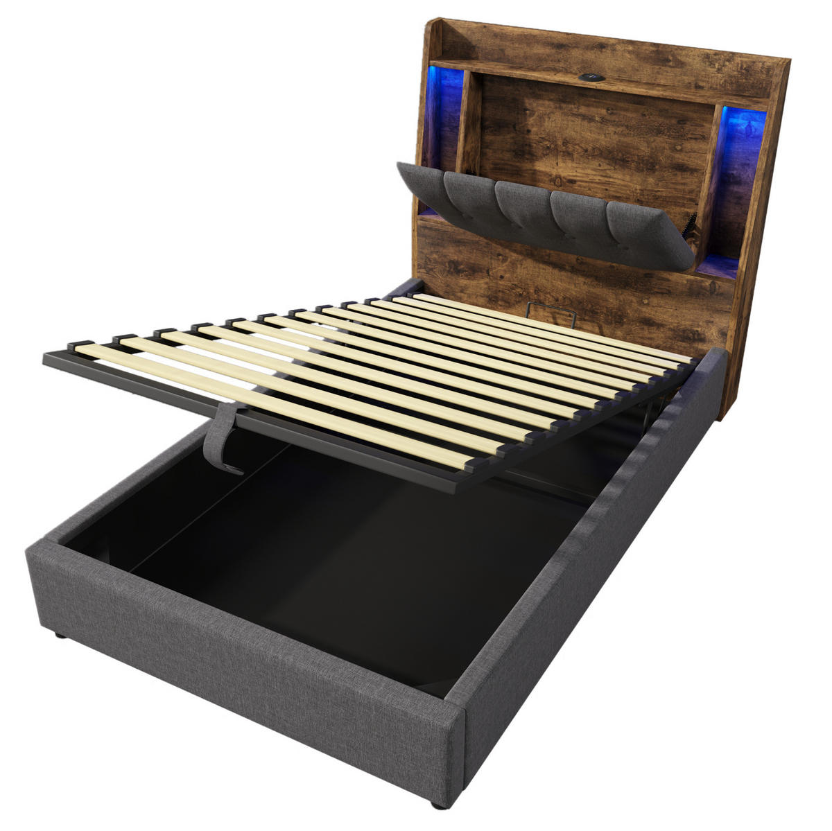 ČALÚNENÁ posteľ z ľanu a MDF 90x200 cm sivá s LED osvetlením, USB a Type-C portmi a úložným priestorom - sivá, textil (90/200cm) - Modfu