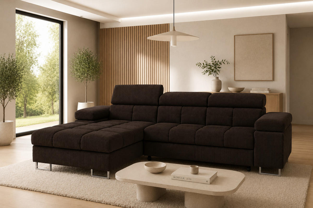 ECKSOFA COMODO Links mit Schlaffunktion & Bettkasten Schokobraun - Dunkelbraun, Textil (203/271cm) - KS Home Concept