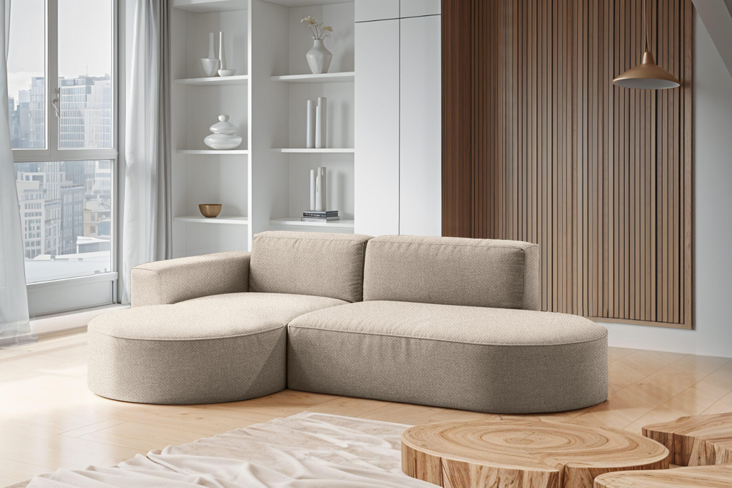 ECKSOFA Modena Studio Falten, Stoff Alpine, Toffee Links - Sandfarben, Holz (165/236cm) - Kaiser Möbel