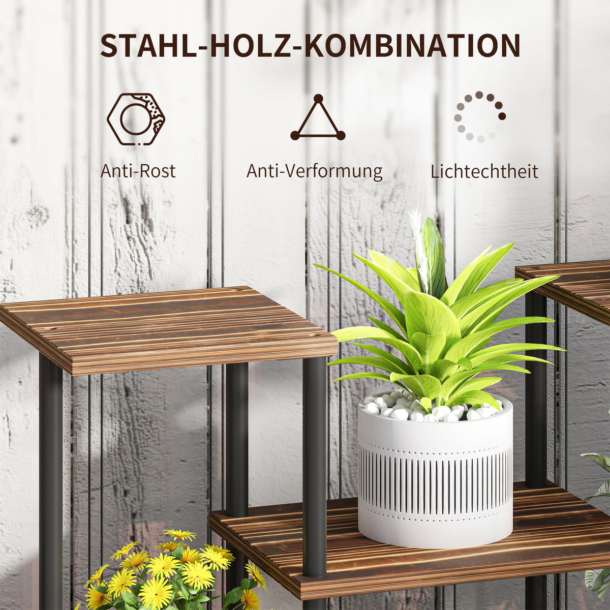 BLUMENSTÄNDER Stahl Tannenholz Verkohlt - Dunkelbraun, Metall (24/61.5/80cm) - Outsunny