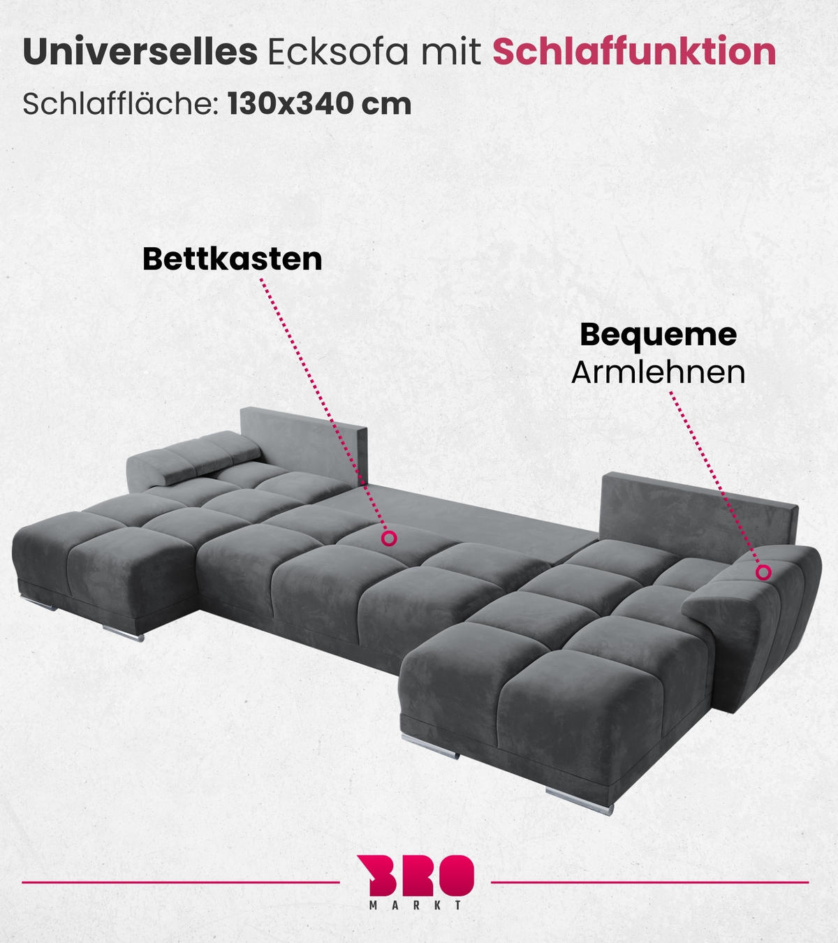 WOHNLANDSCHAFT Nubes mit Schlaffunktion Grau Plüsch - Silberfarben/Grau, Kunststoff/Textil (372/85/184cm) - Bromarkt