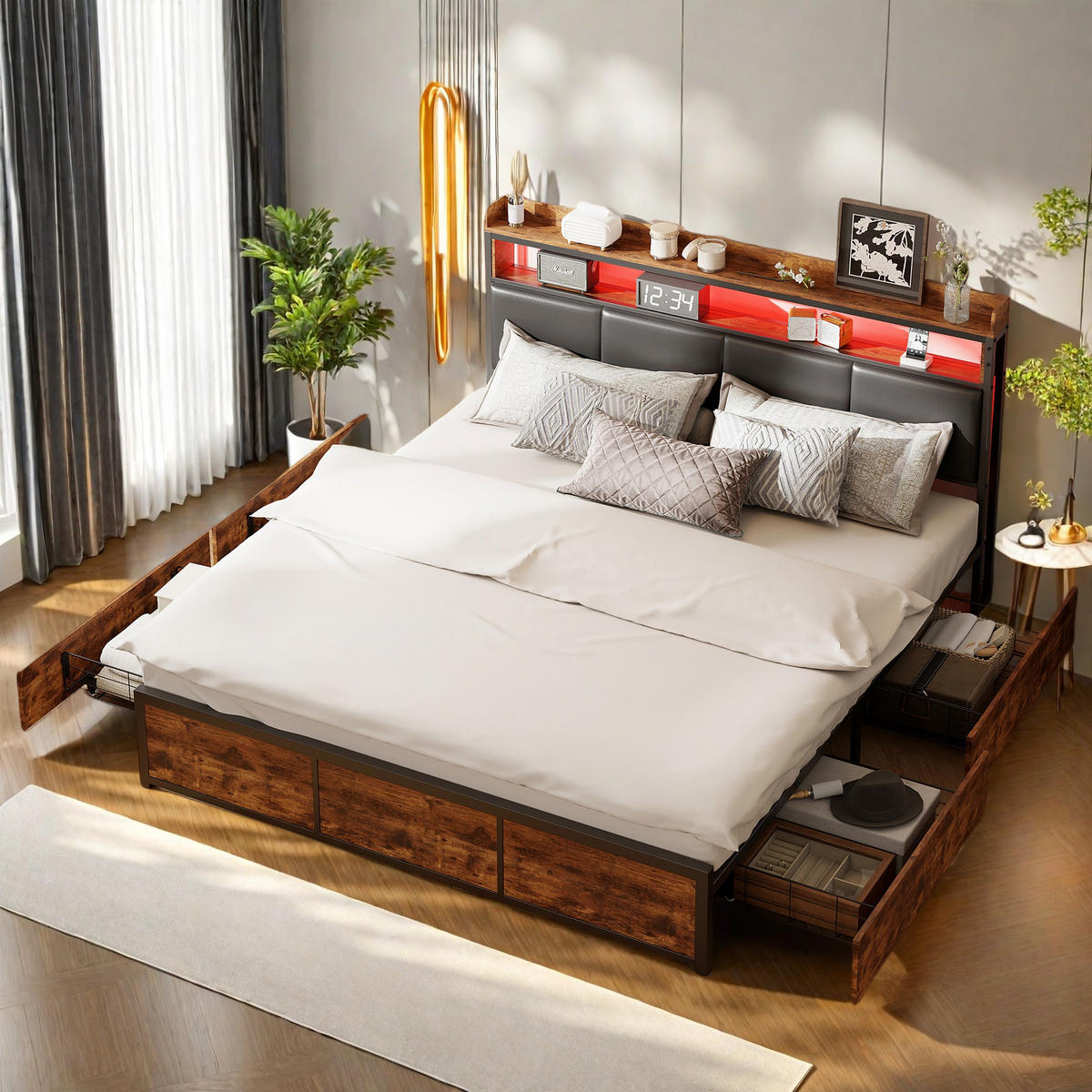POLSTERBETT 160x200 PU Tigermuster LED - Beige, Metall - SHOPENTRA