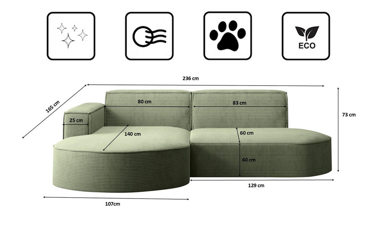 ECKSOFA Modena Studio, Cord Stoff Hellgrün Links - Hellgrün, Holzwerkstoff/Textil (165/236cm) - Kaiser Möbel