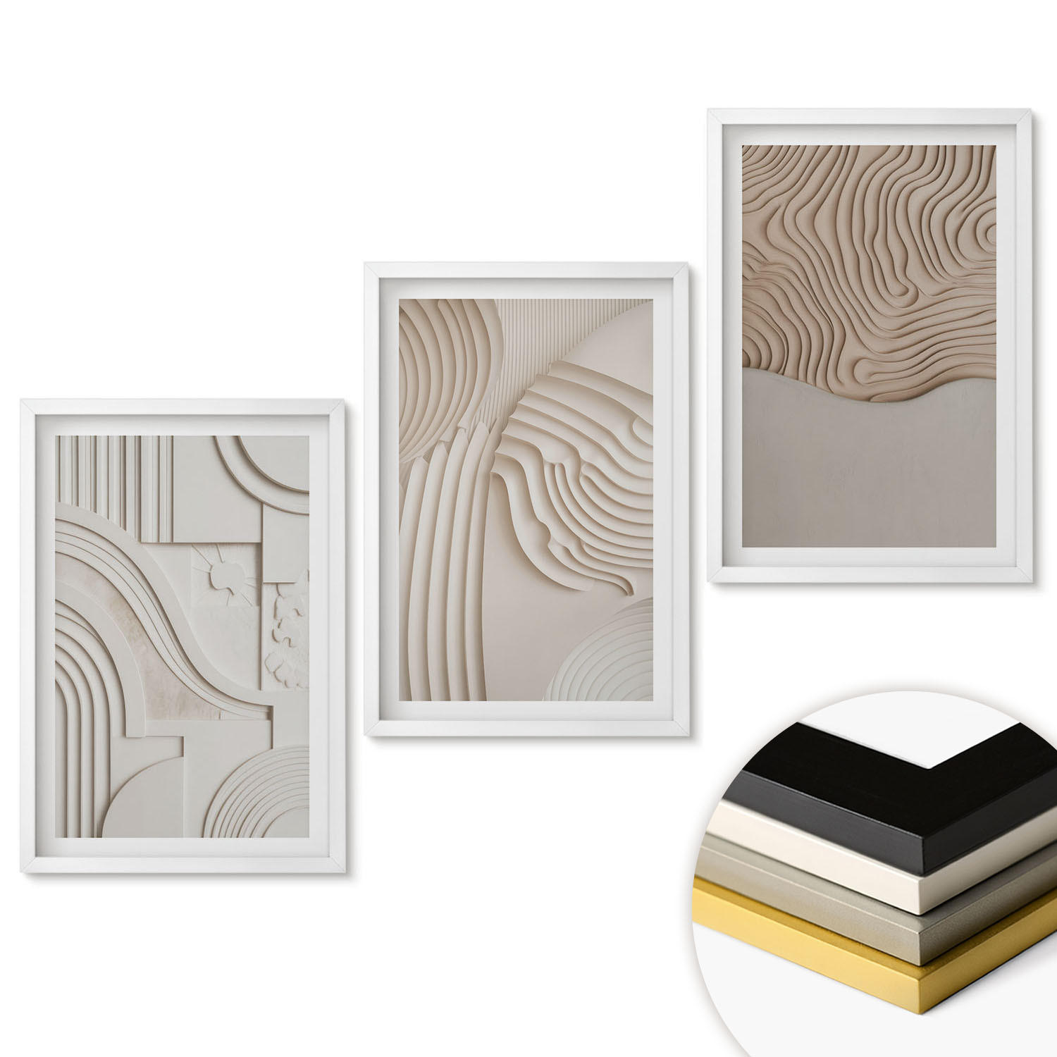 WANDBILDER 3er-Set - 40x60 cm Weißer Rahmen - Abstrakte Muster beige weiß - Weiß, Kunststoff (40/60cm) - ArtPrintCave