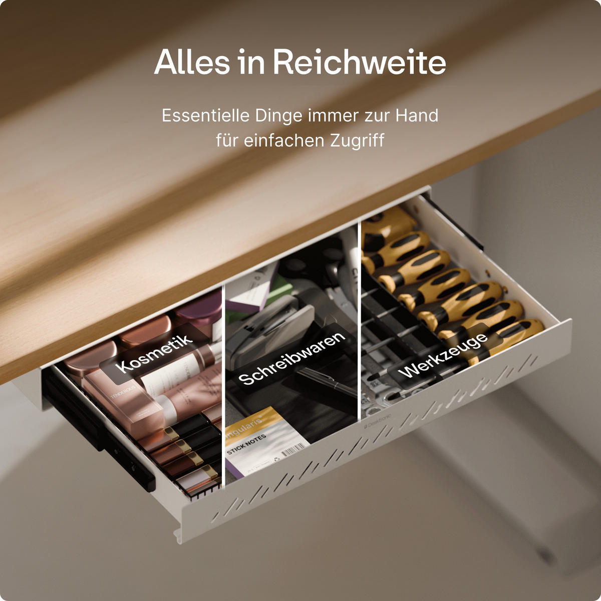 SCHUBLADEN-ORGANIZER unter dem Schreibtisch, 41x27x5cm Weiß - Weiß, Metall (41/27/5cm) - Desktronic