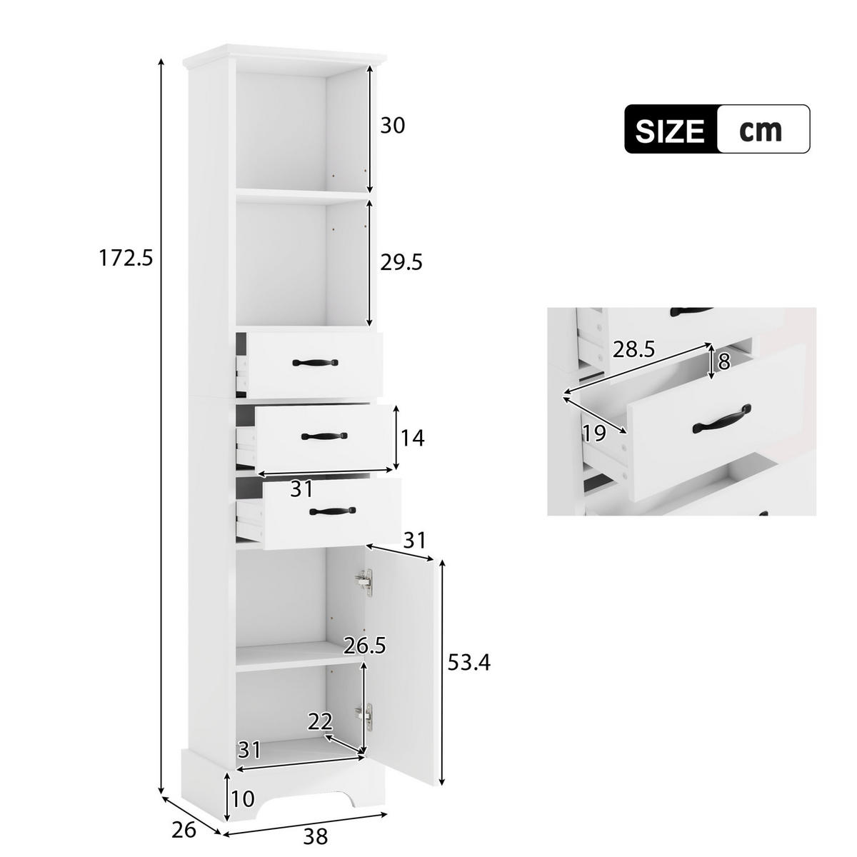 BADEZIMMERSCHRANK mit 3 Schubladen 38 x 26 x 172,5 cm Weiß - Weiß, Holzwerkstoff (26/172.5/38cm) - Beauniv