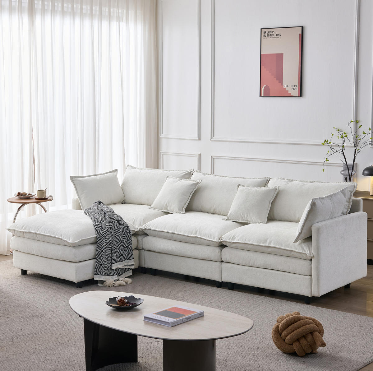 ECKSOFA 272/131/85 cm aus Chenille mit modularem Hocker Beige - Beige, Textil (154/267cm) - Modenvie