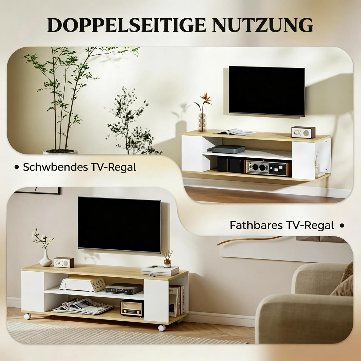 TV-SCHRANK 120/40/38,5 cm Weiß/Natur mit Rollen, Hängend/Stehend - Weiß, Holzwerkstoff (120/38.5/40cm) - Oxeza
