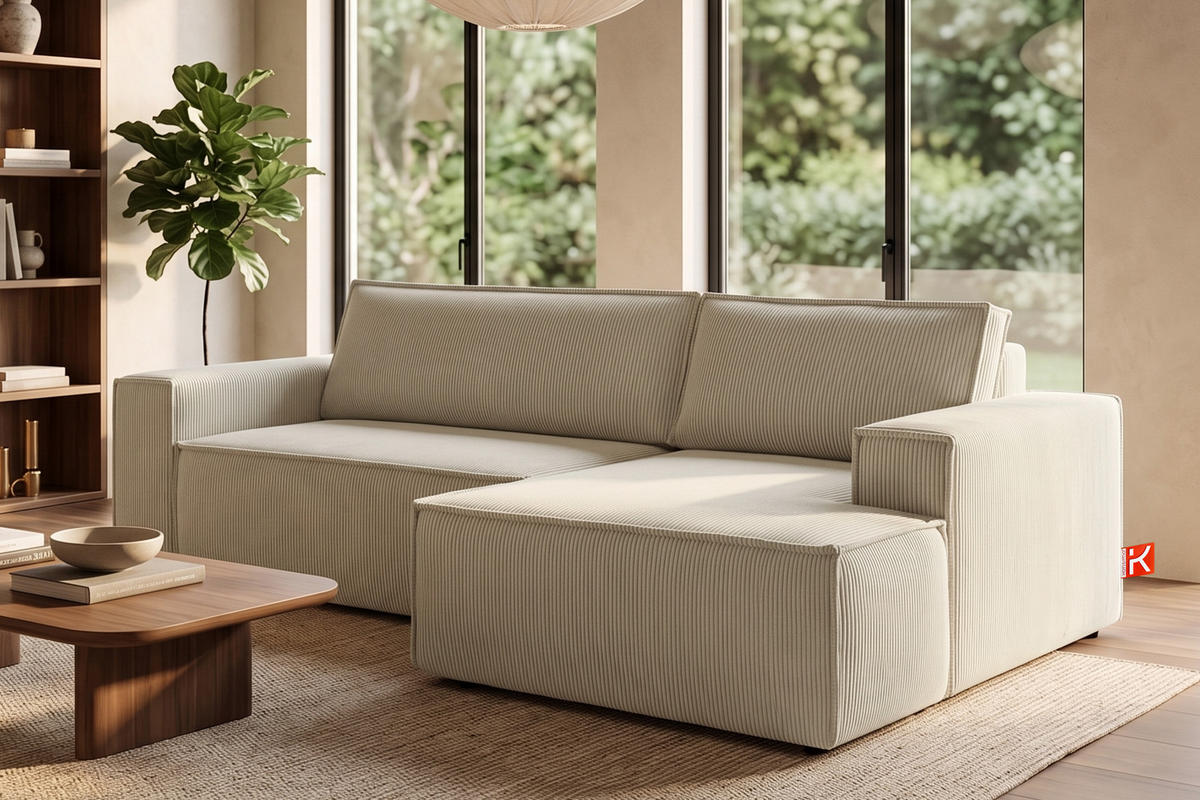 ECKSCHLAFSOFA-RECHTS NAPI in Pet Friendly Cord-Stoff, cremefarben - Creme/Schwarz, Textil (262/148cm) - KONSIMO®